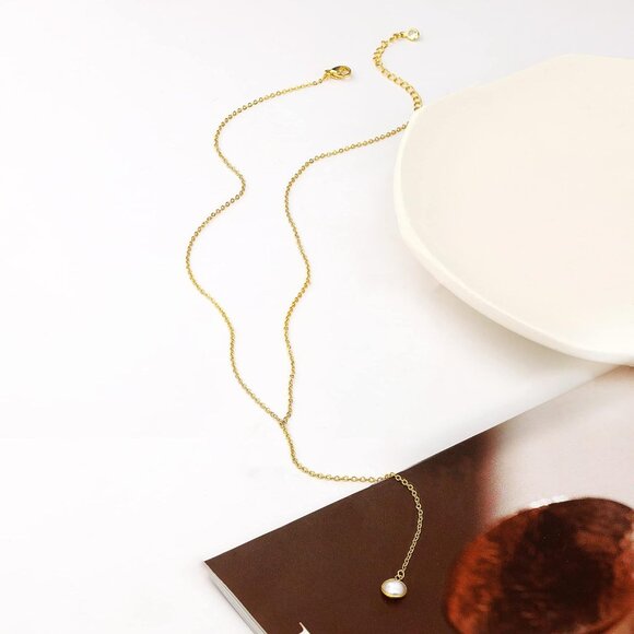 Women 14k Gold Plated Heart Pearl Y Pendant Necklace Simple Gold Drop - Picture 6 of 7